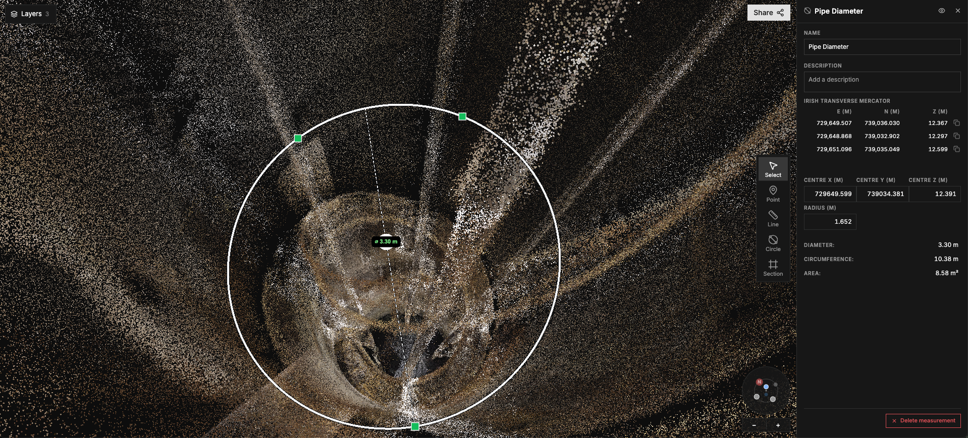 The asset in the Halo LiDAR model, with a 3.30 m diameter measurement